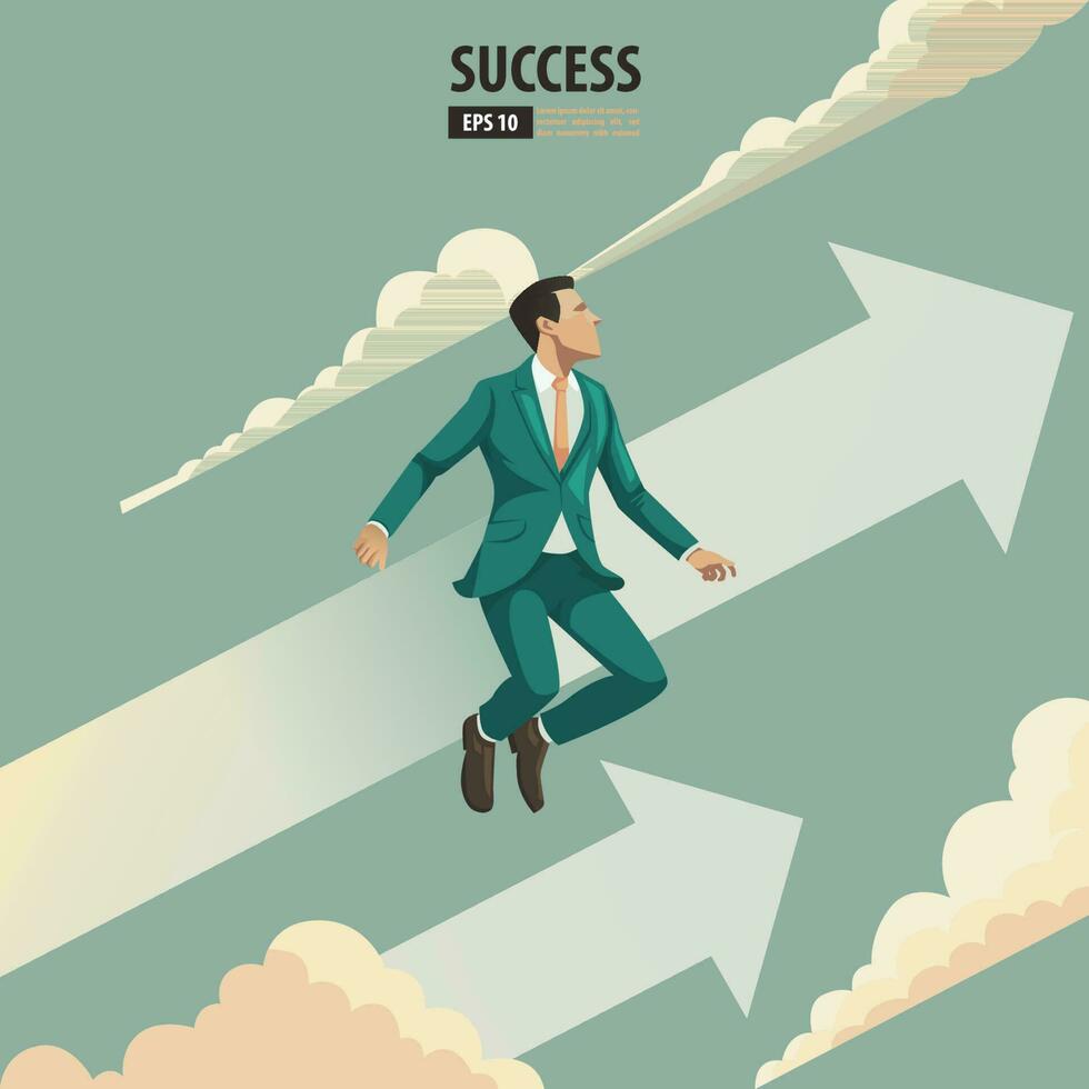 Business arrow concept with businessman with suit looking up into the sky and cloud. grow chart increase profit sales and investment. contemplating about being success and positive vector. vector