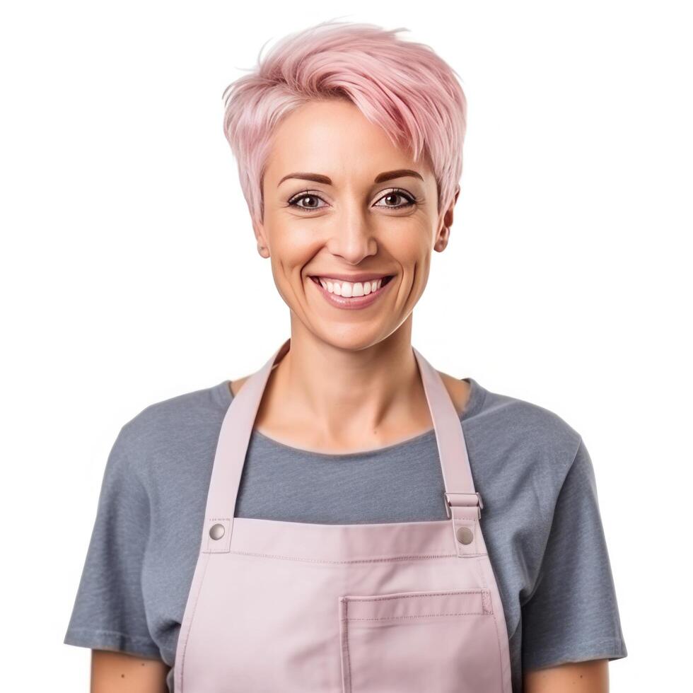 Happy woman , small business owner in casual wearing grey apron, isolated. Illustration photo