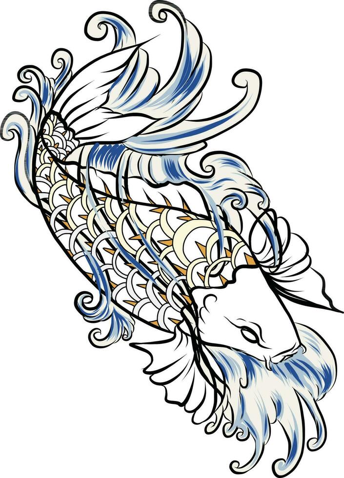 Hand drawn outline Koi fish and  water splash Japanese tattoo.Koi carp fish doodle style. vector