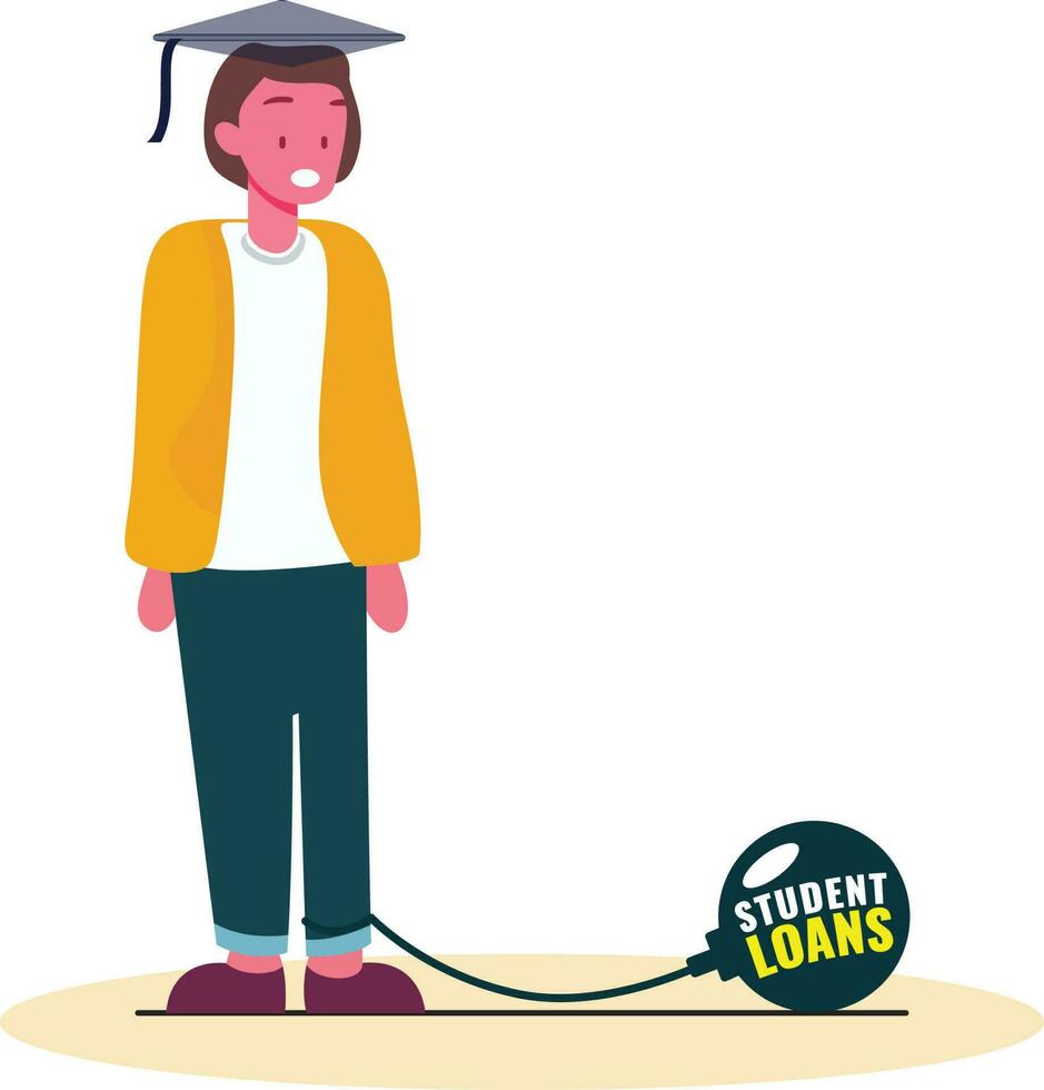 Young college student metaphorically chained to student loan debt metal ball flat style vector illustration , unhappy student with student loans vector image