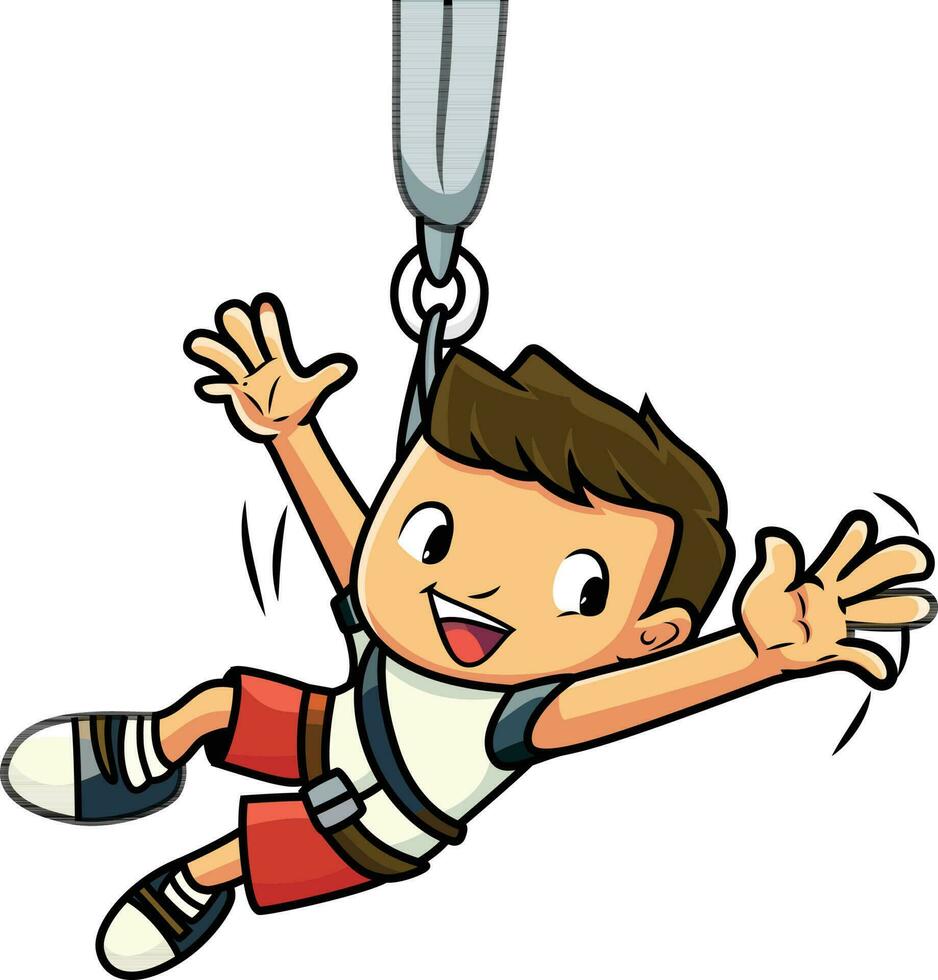 Boy bungee jumping cartoon vector illustration, happy bungee jumper cartoon in colors and black and white line art vector image