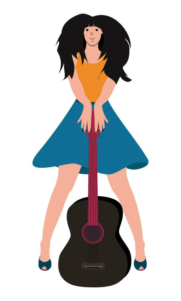 niña músico con un lozano peinado soportes con un guitarra y sonrisas vector
