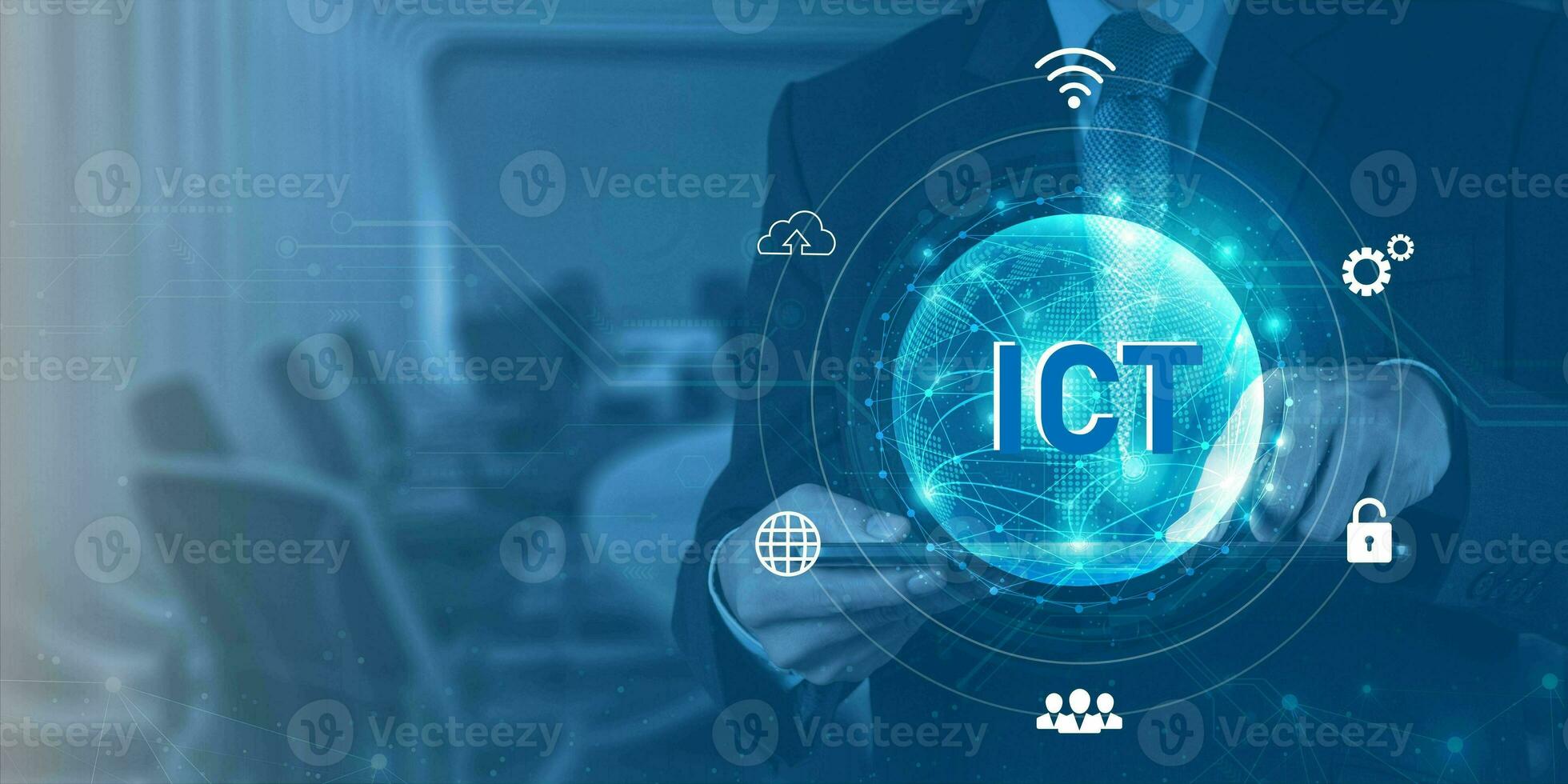 Businessman touching on mobile and Computer Information and communication technology ICT concept. Information and communication technology .Wireless communication network. Intelligent system photo