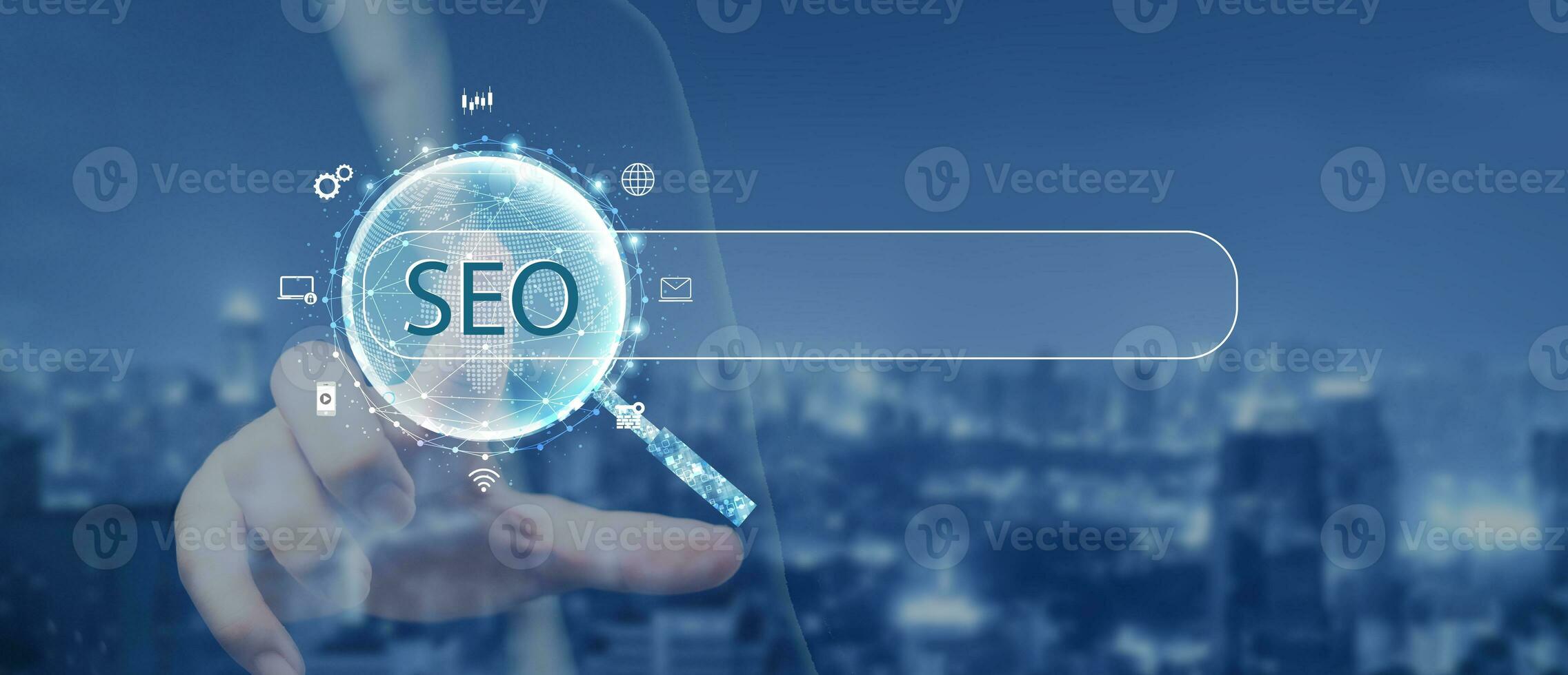Search engine optimization SEO concept on dark blue background. Internet technology for business companies. Large magnifying glass for monitoring and analyzing data. photo