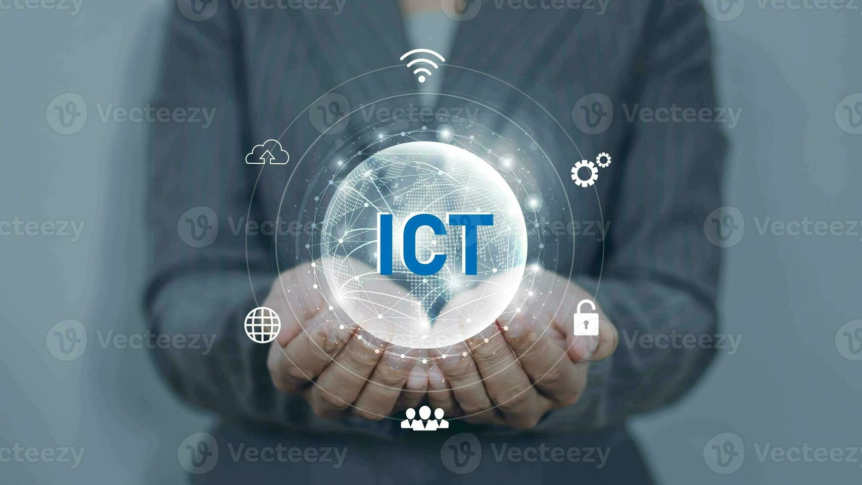 Businesswoman touching on mobile and Computer Information and communication technology ICT concept.Information and communication technology .Wireless communication network. Intelligent system photo