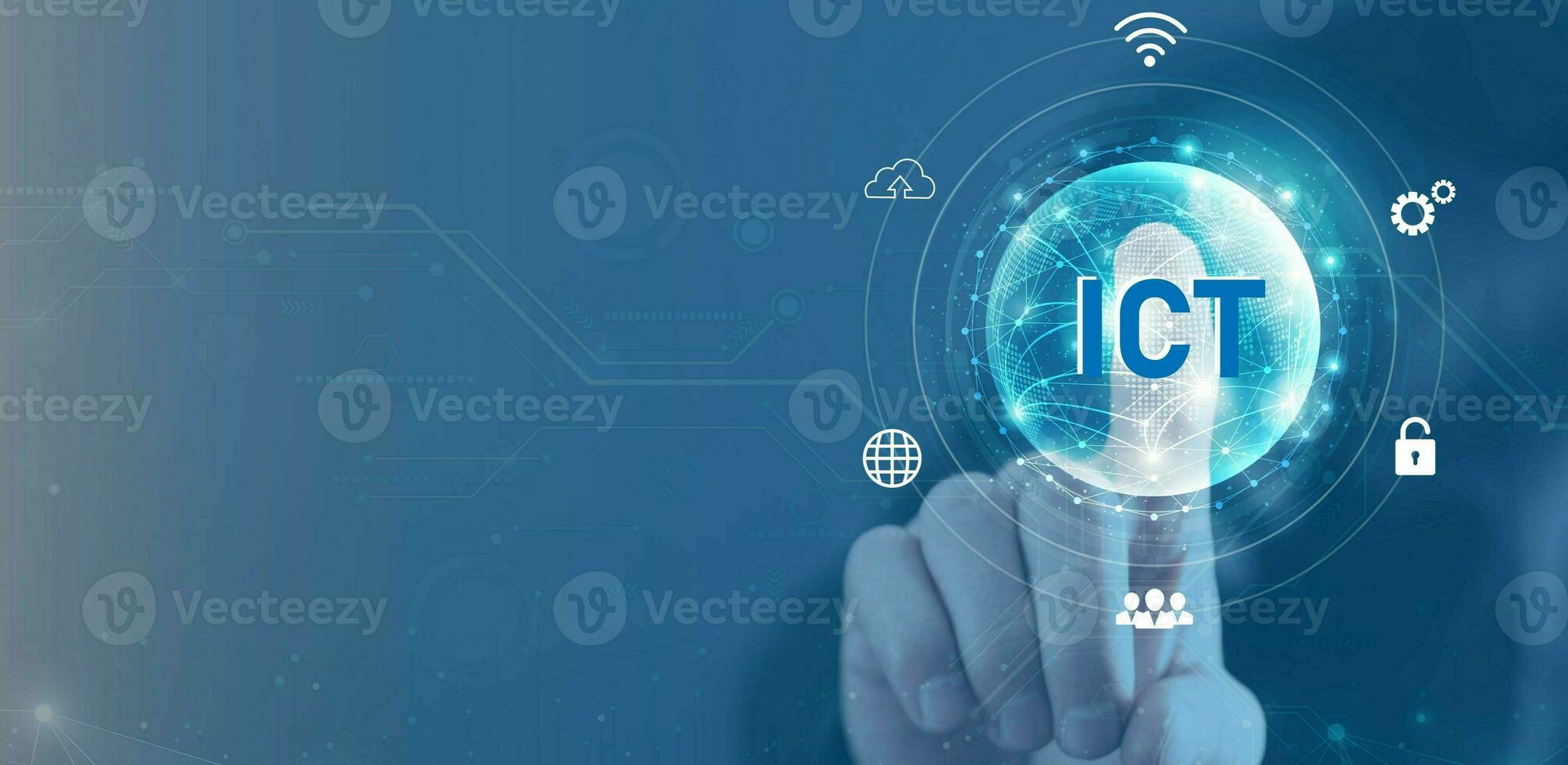 Businessman touching on mobile and Computer Information and communication technology ICT concept. Information and communication technology .Wireless communication network. Intelligent system photo
