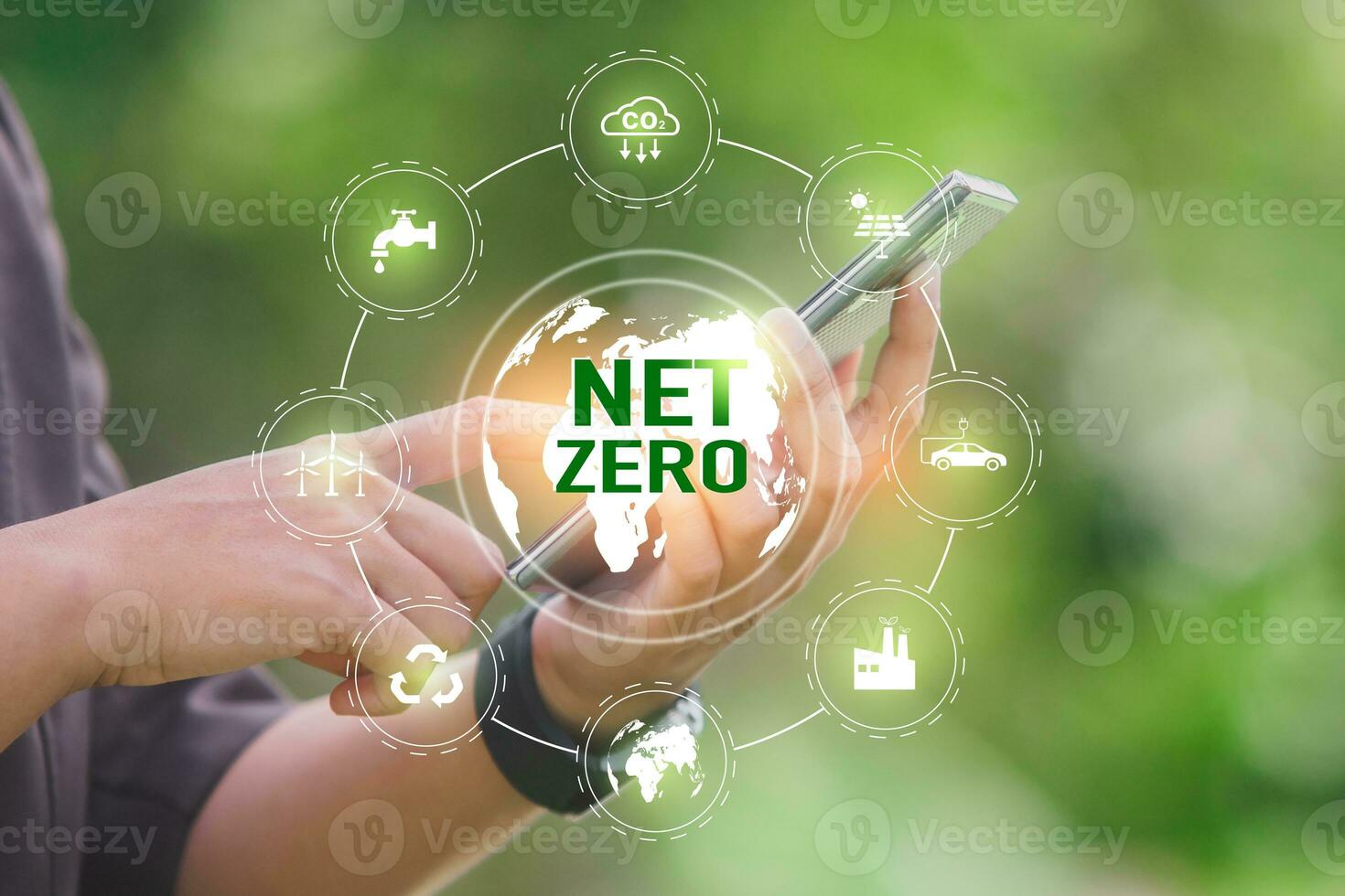 Net Zero and Carbon Neutral Concepts Net Zero Emissions Goals With a connected icon concept related to Net Zero with hexagon grid. photo
