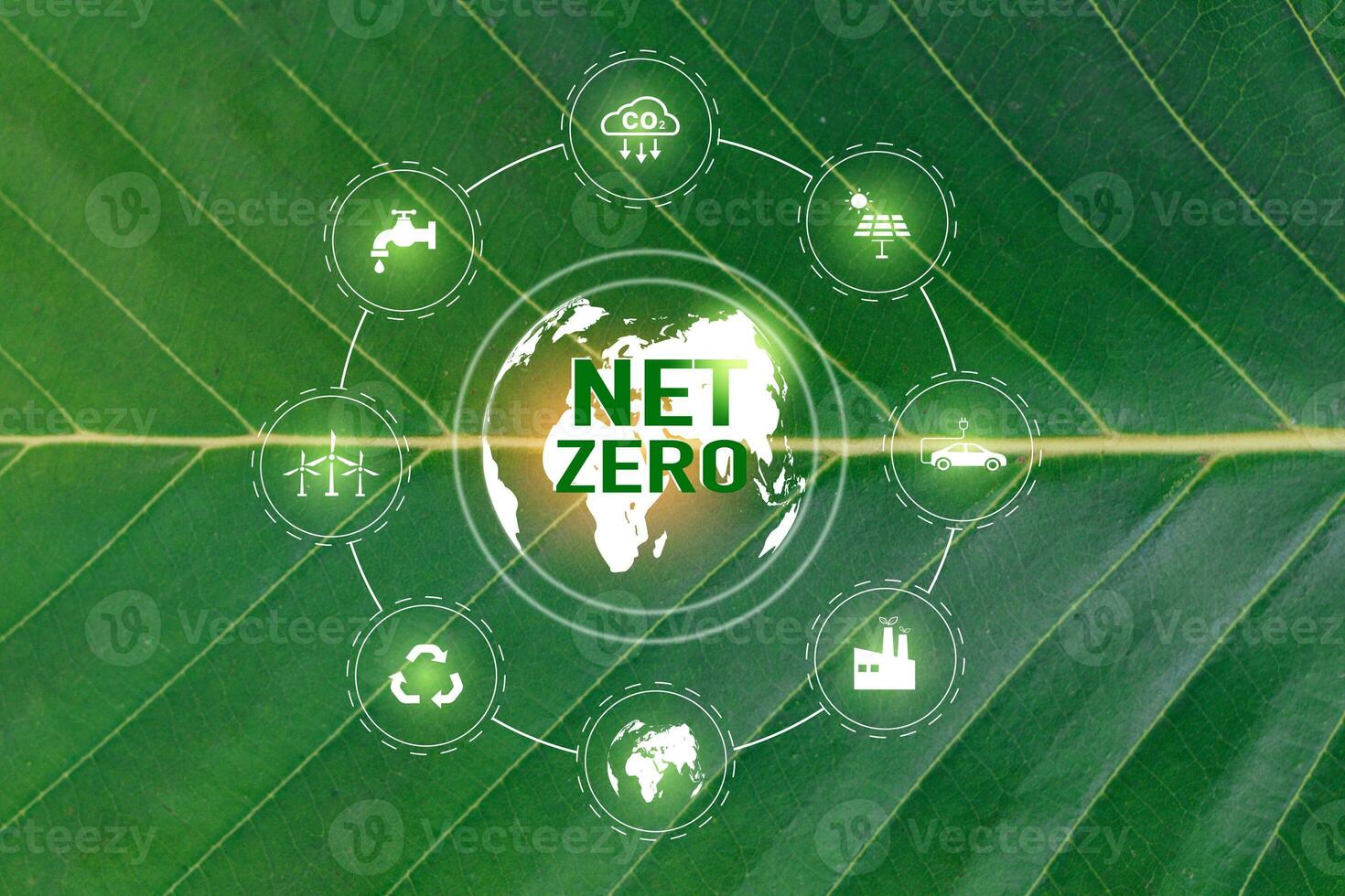 Net Zero and Carbon Neutral Concepts Net Zero Emissions Goals With a connected icon concept related to Net Zero with hexagon grid. photo