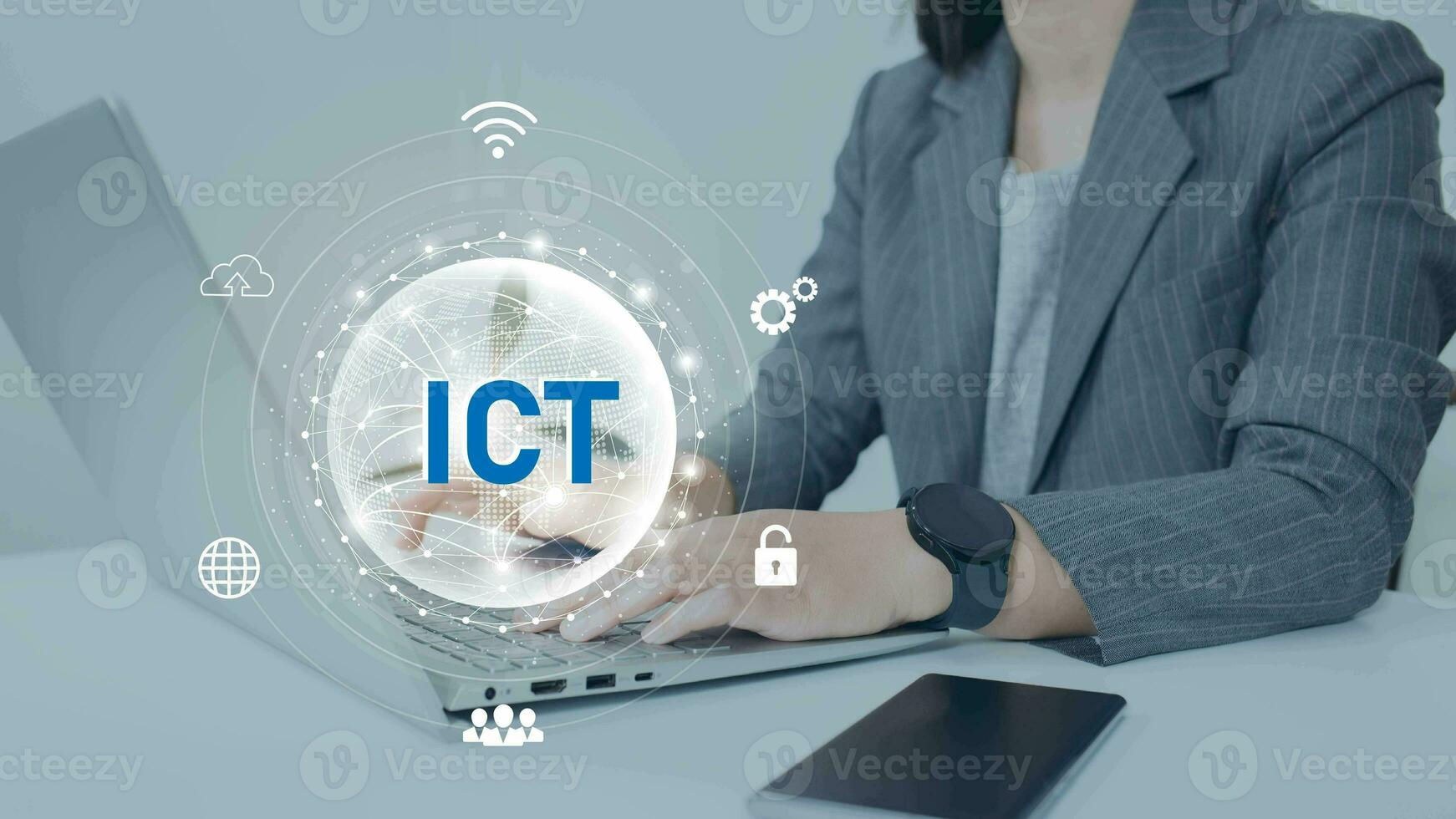 Businesswoman touching on mobile and Computer Information and communication technology ICT concept.Information and communication technology .Wireless communication network. photo