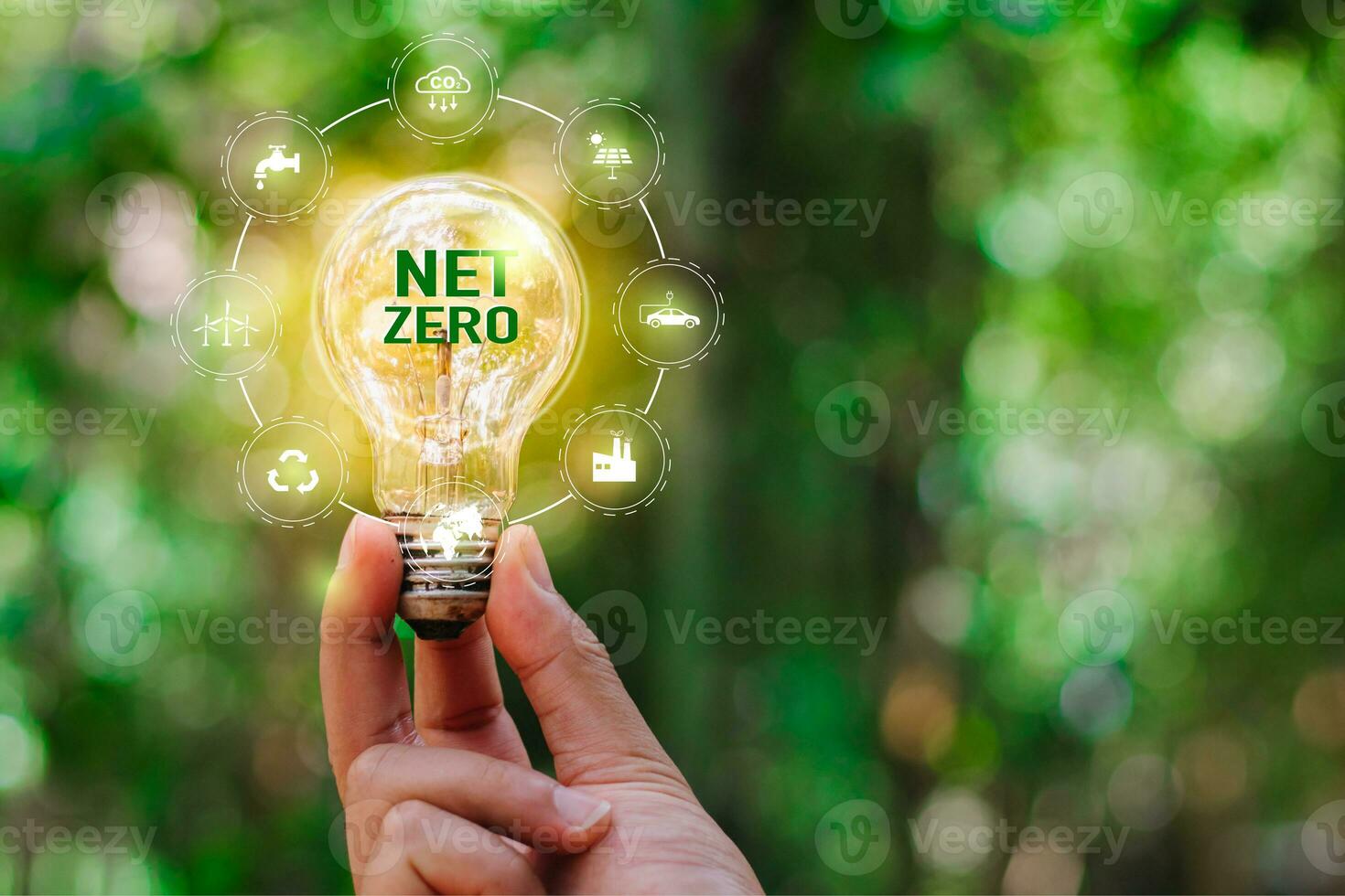 Net Zero and Carbon Neutral Concepts Net Zero Emissions Goals With a connected icon concept related to Net Zero with hexagon grid. photo