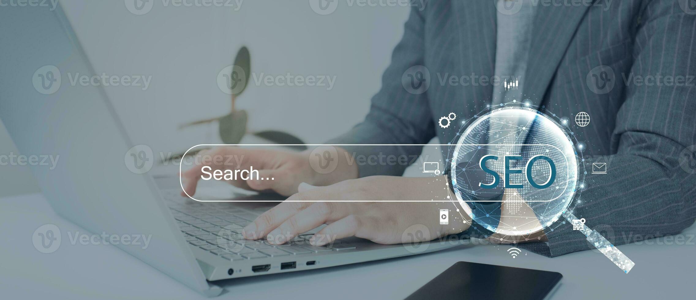 Search engine optimization SEO concept on dark blue background. Internet technology for business companies. Large magnifying glass for monitoring and analyzing data. photo