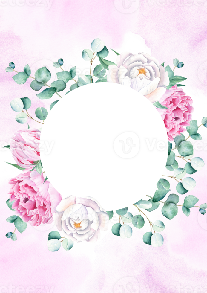 Floral background card. Wedding invitation template with circle wreath, white and pink peonies, eucalyptus, purple watercolor splashes. For save the date, greeting cards and cover design. png