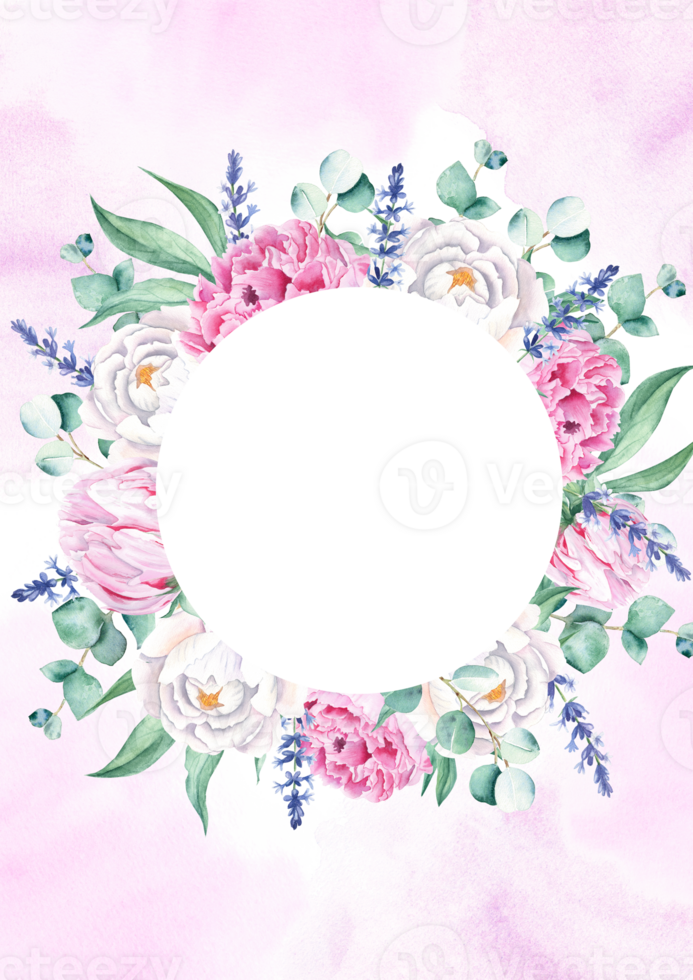 Floral background card. Wedding invitation template with circle wreath, white and pink peonies, lavender, eucalyptus, purple watercolor splashes. For save the date, greeting cards and cover design. png