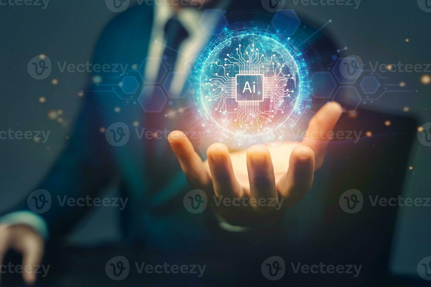 businessman hand holding globe Ai artificial virtual Global Internet connection. Business global internet connection application technology and digital marketing photo