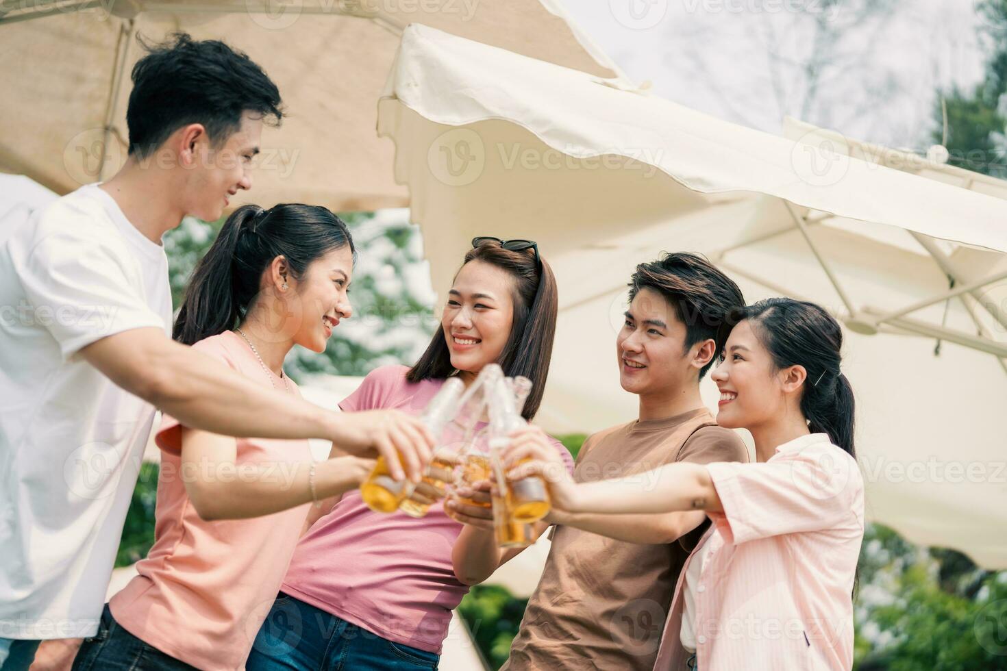 Group Asian people picnic outside photo