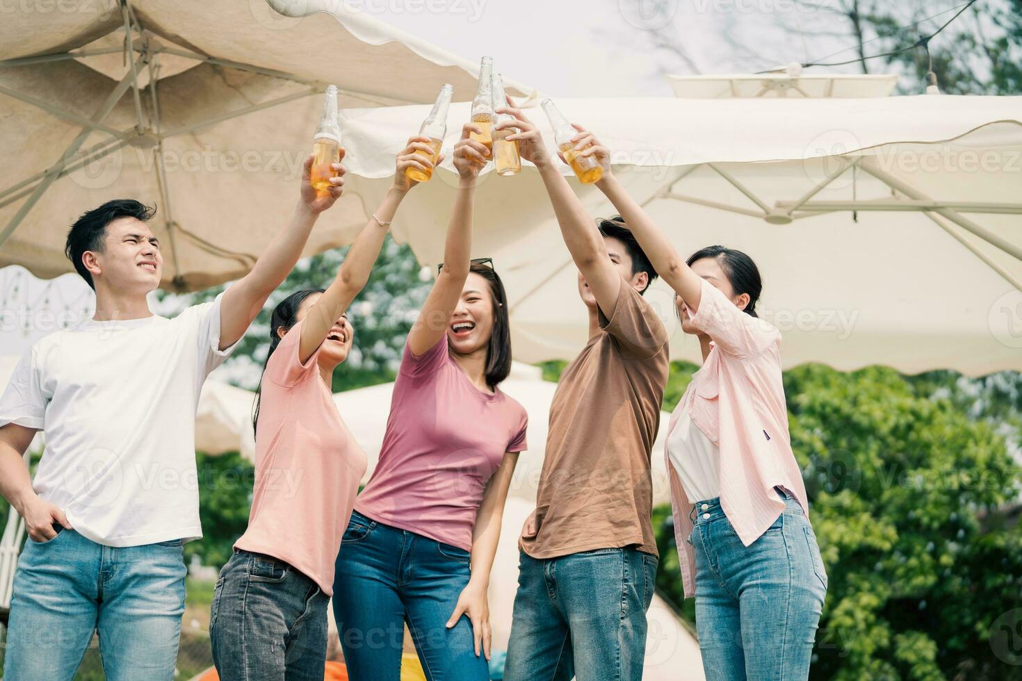 Group Asian people picnic outside photo