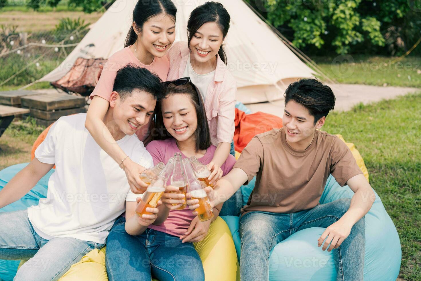 Group Asian people picnic outside photo