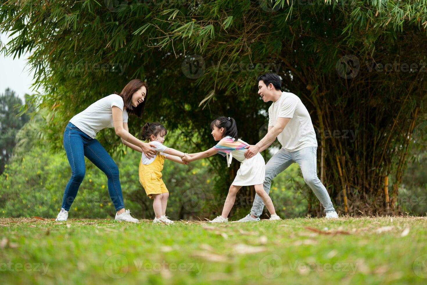 joven asiático familia en el parque foto