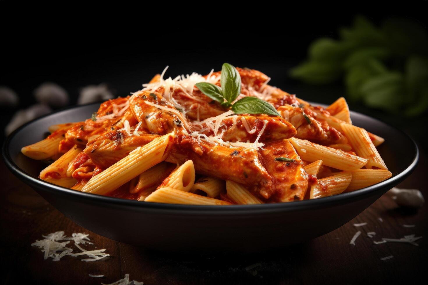 Penne pasta in tomato sauce with chicken Illustration photo