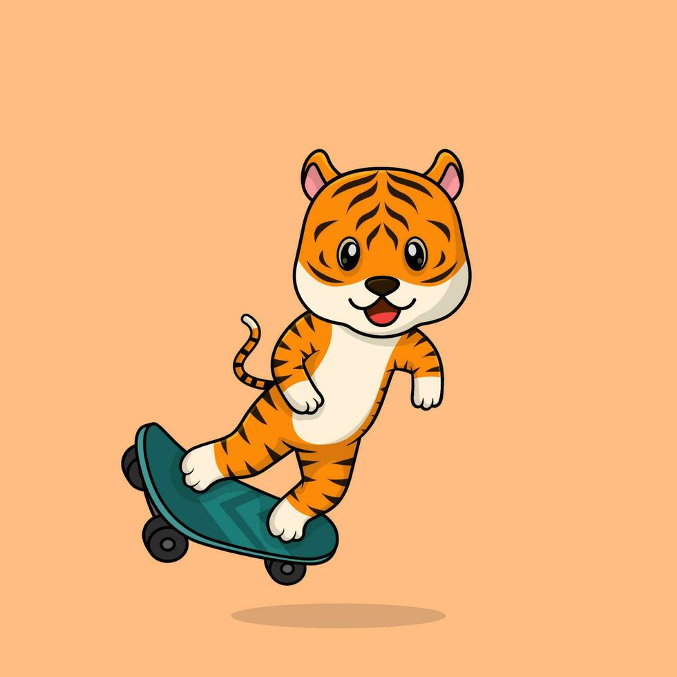 Vector cute baby tiger cartoon playing skateboard icon flat illustration.