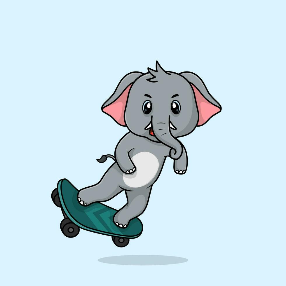 Vector cute baby elephant cartoon playing skateboard icon flat illustration.