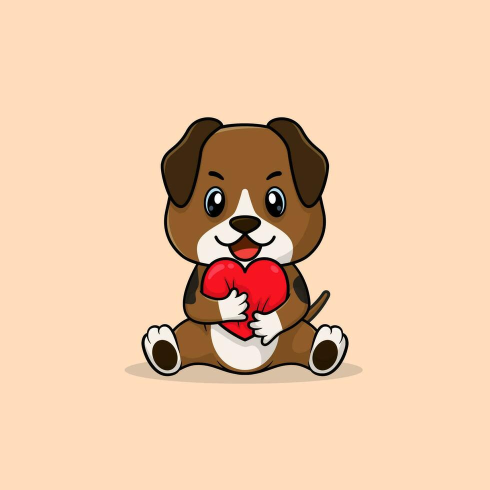 Vector cute baby dog cartoon holding love icon flat illustration.