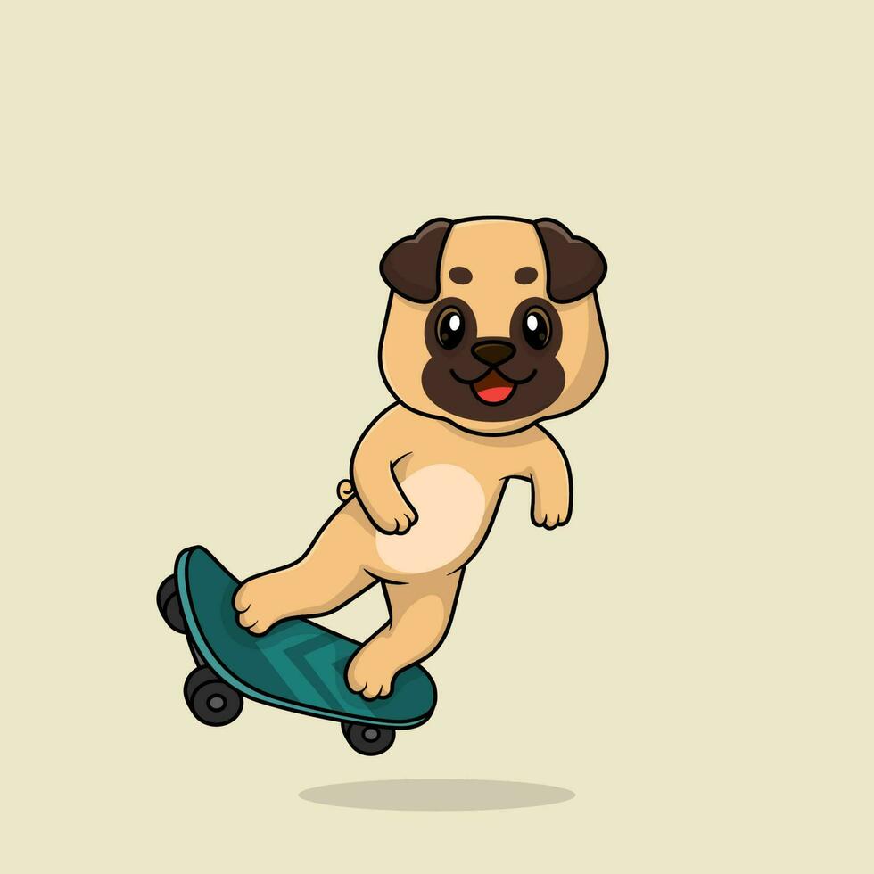 Vector cute baby pug dog cartoon playing skateboard icon flat illustration.