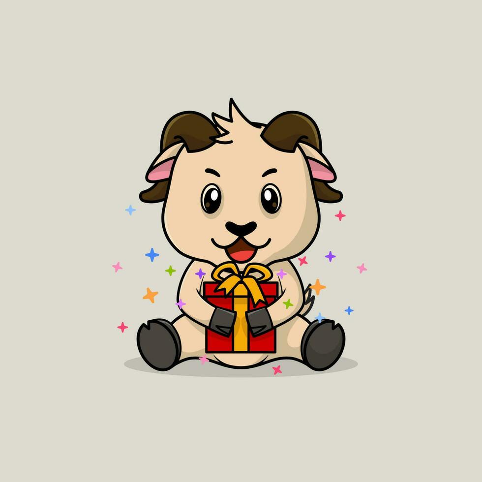 Vector cute baby goat cartoon happy holding gift flat icon illustration.