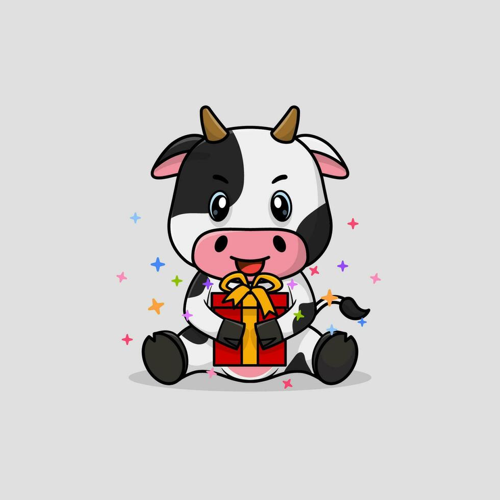 Vector cute baby cow cartoon happy holding gift flat icon illustration.
