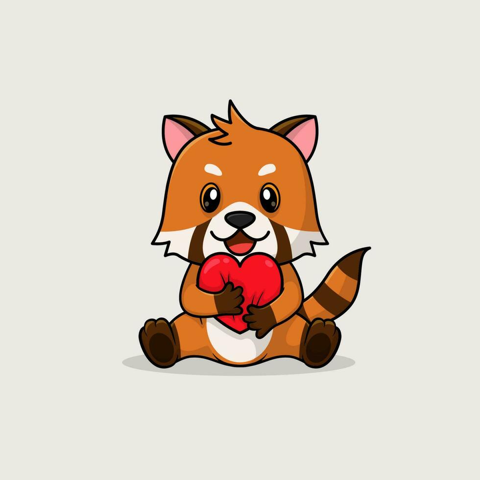 Vector cute baby red panda cartoon holding love icon flat illustration.