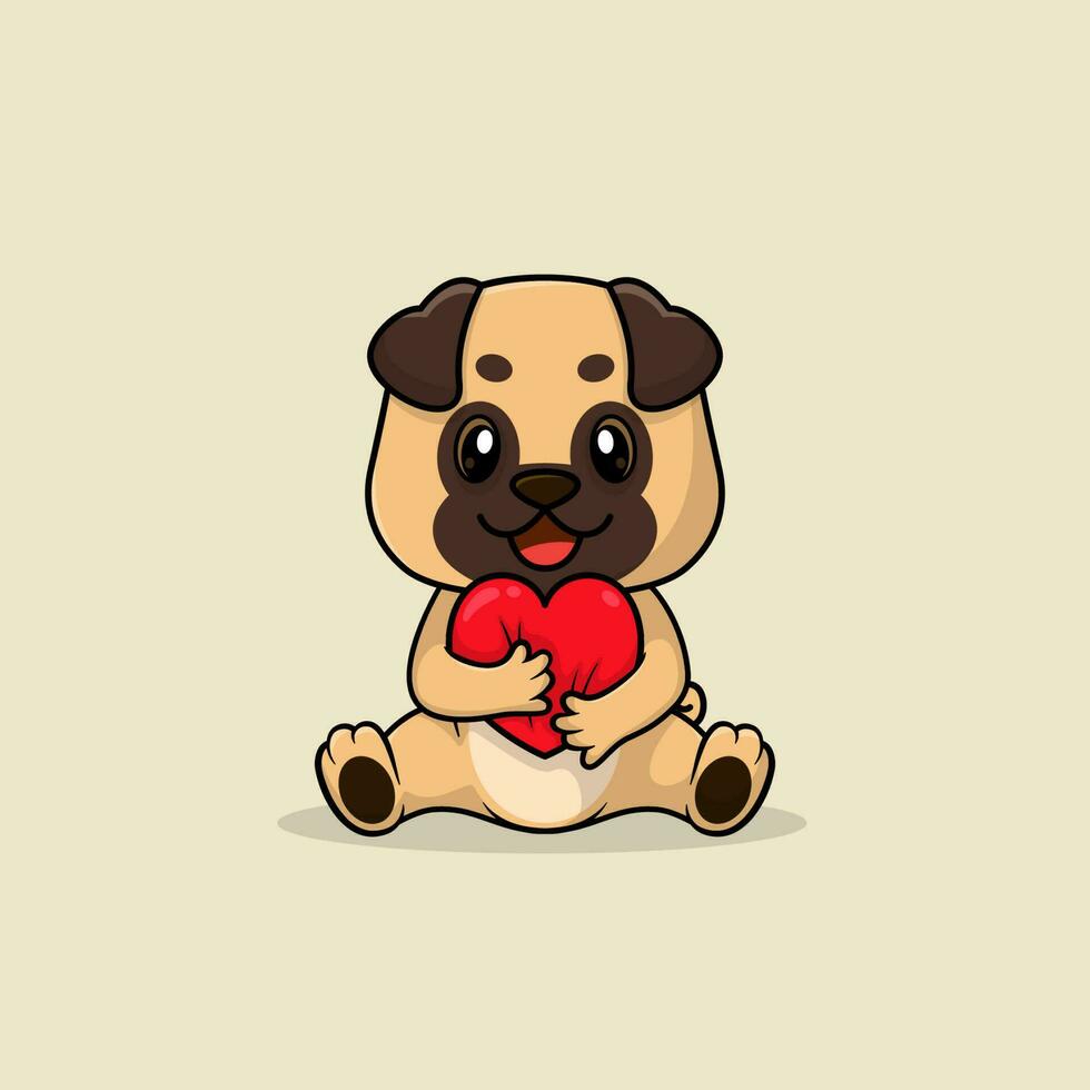 Vector cute baby pug dog cartoon holding love icon flat illustration.