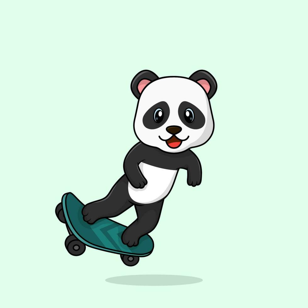 Vector cute baby panda cartoon playing skateboard icon flat illustration.
