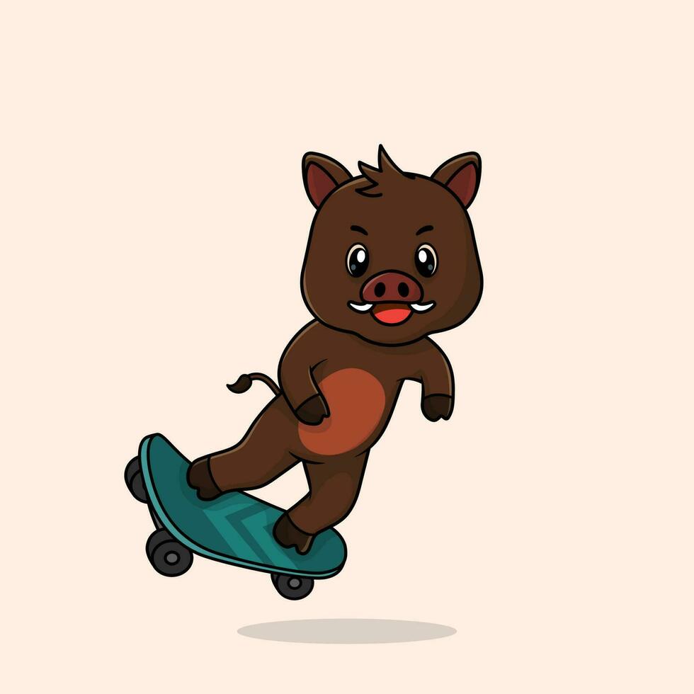 Vector cute baby boar cartoon playing skateboard icon flat illustration.