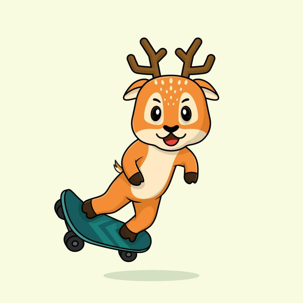 Vector cute baby deer cartoon playing skateboard icon flat illustration.