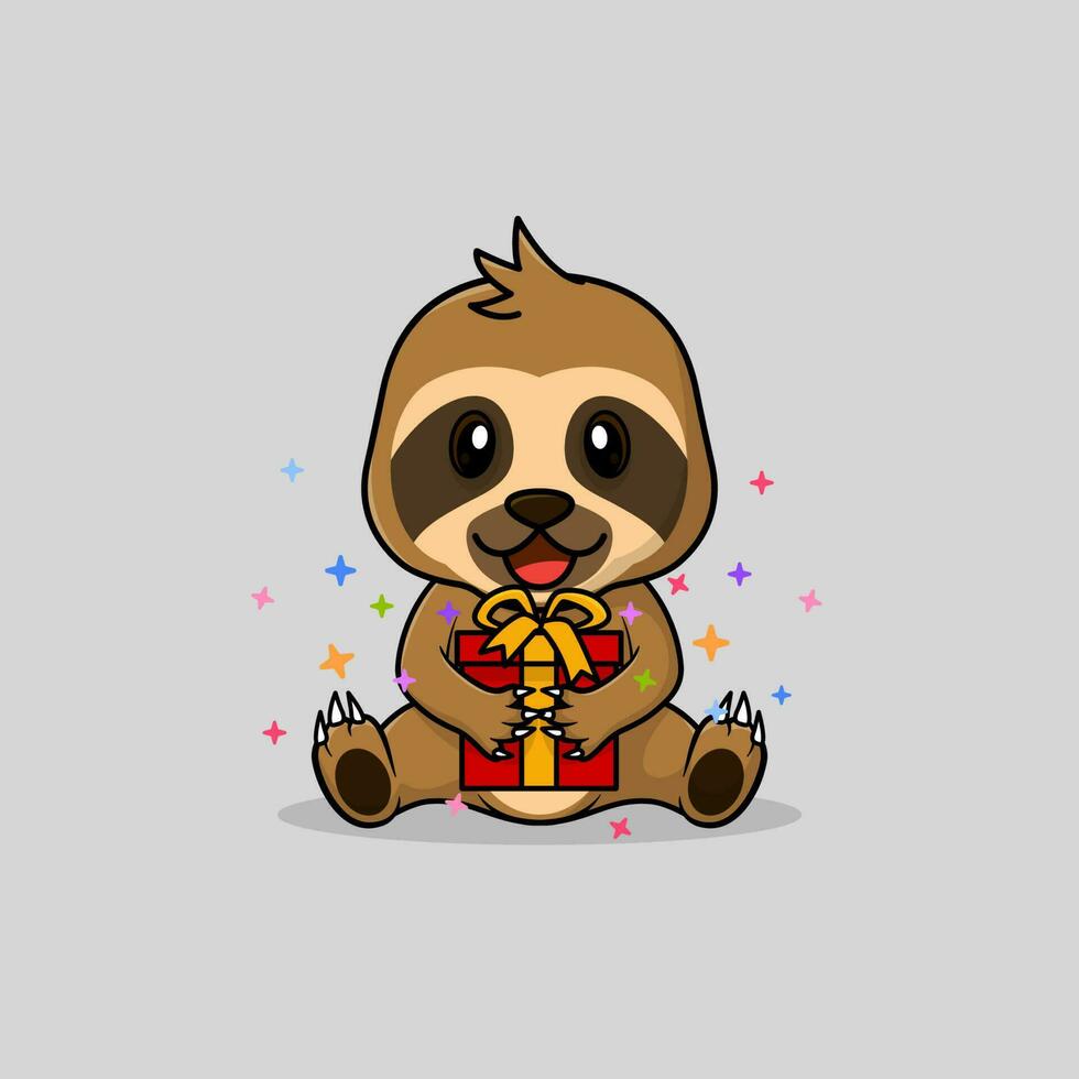 Vector cute baby sloth cartoon happy holding gift flat icon illustration.