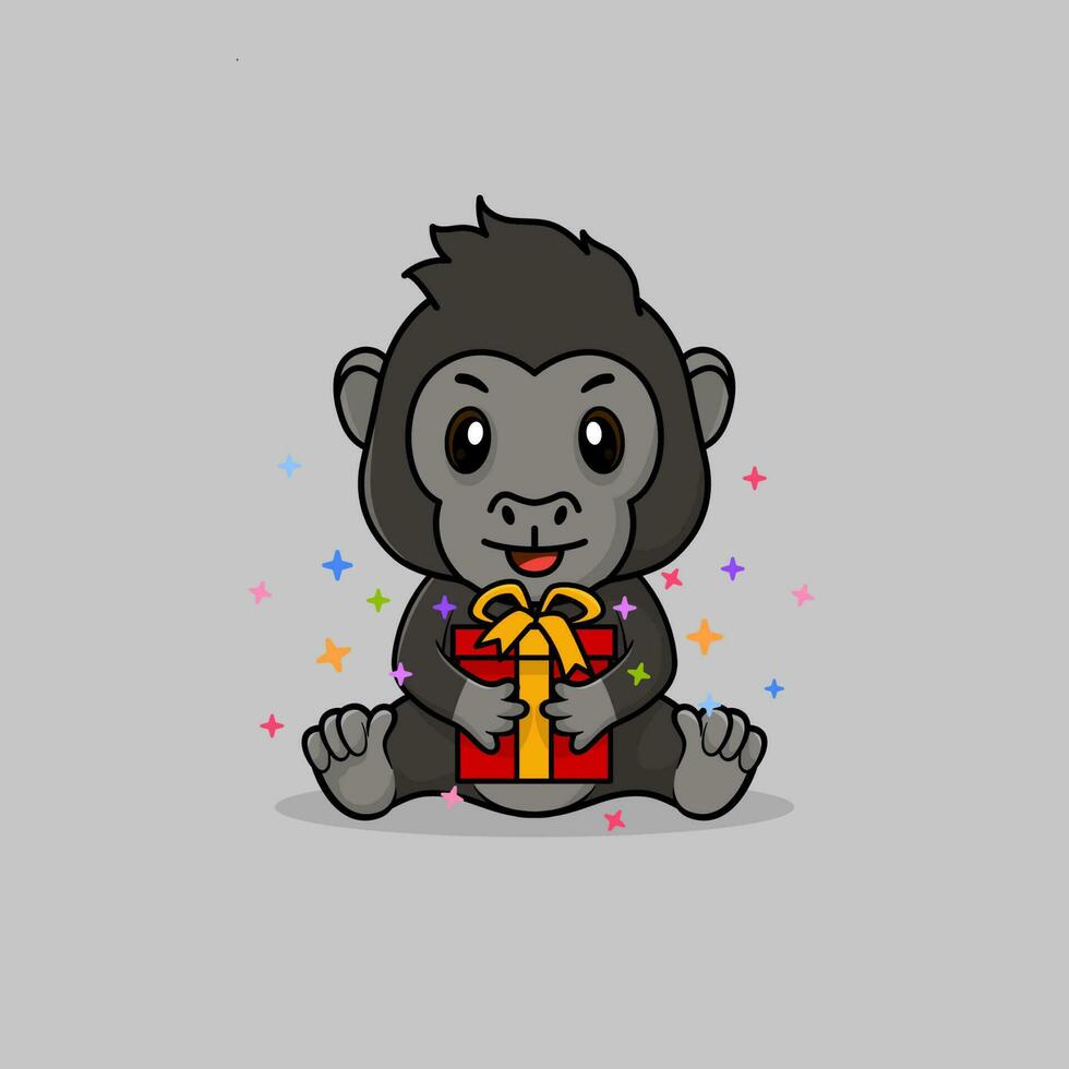Vector cute baby gorilla cartoon happy holding gift flat icon illustration.