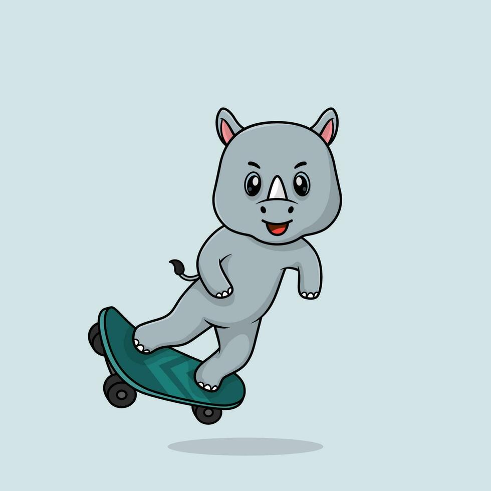 Vector cute baby rhino cartoon playing skateboard icon flat illustration.