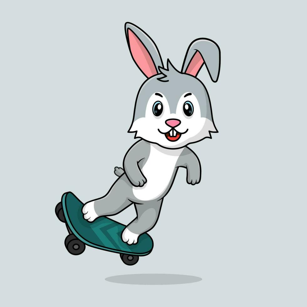 Vector cute baby rabbit cartoon playing skateboard icon flat illustration.