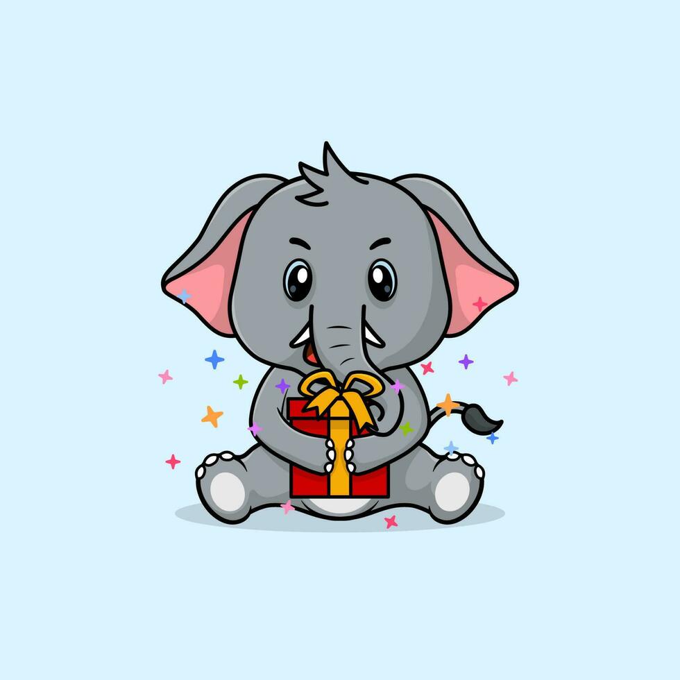 Vector cute baby elephant cartoon happy holding gift flat icon illustration.