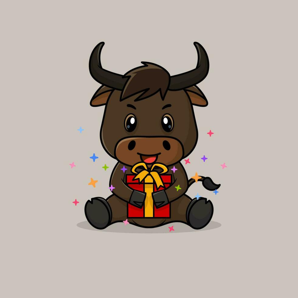Vector cute baby bull cartoon happy holding gift flat icon illustration.
