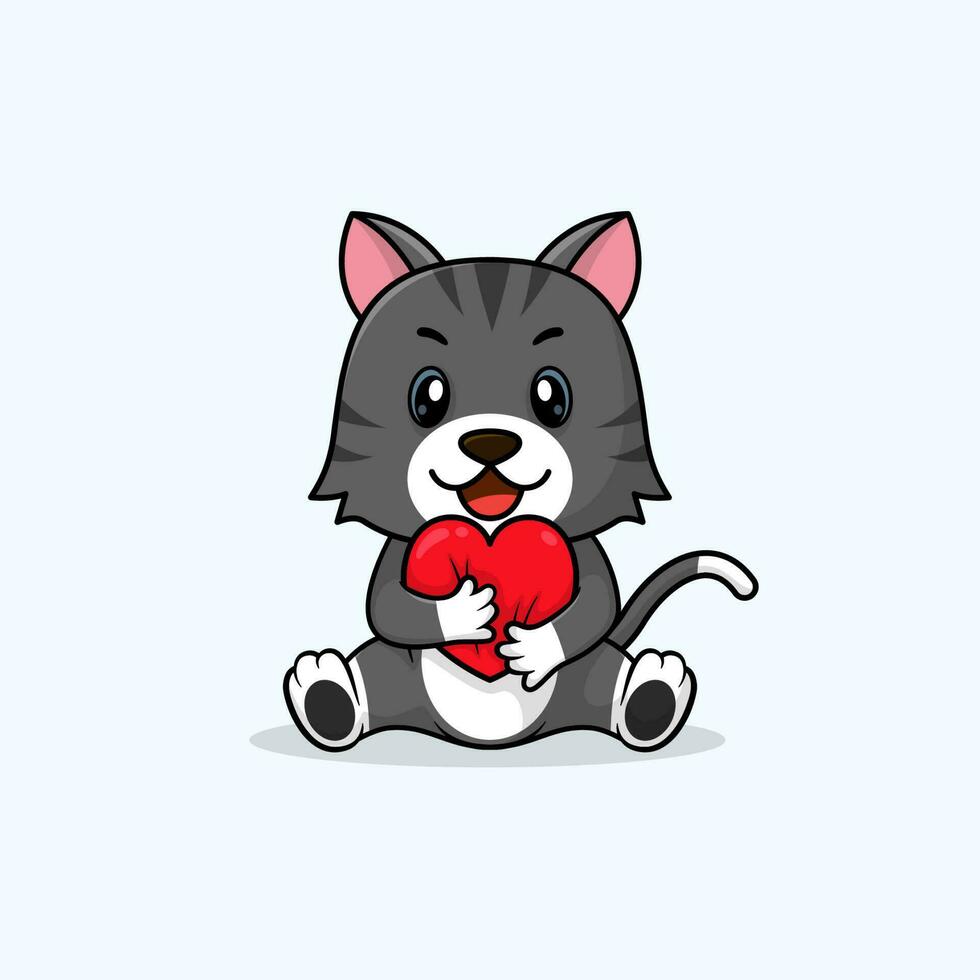 Vector cute baby cat cartoon holding love icon flat illustration.