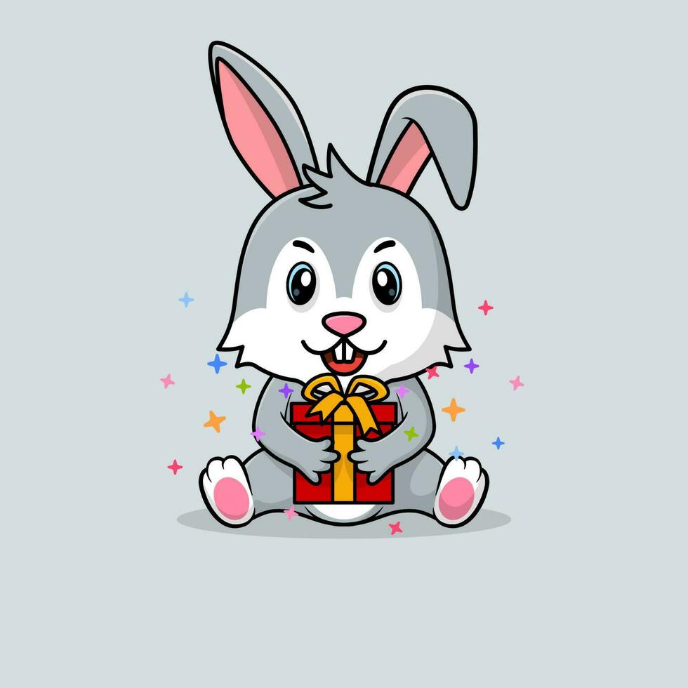 Vector cute baby rabbit cartoon happy holding gift flat icon illustration.