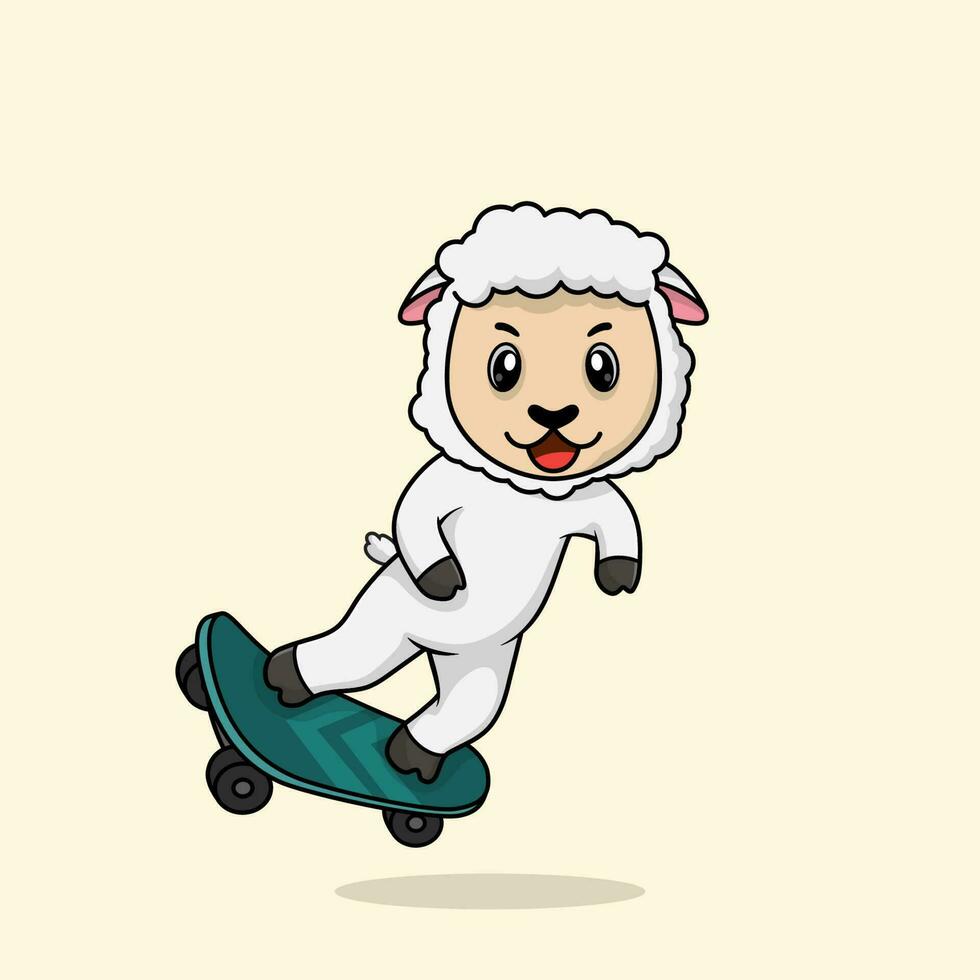 Vector cute baby sheep cartoon playing skateboard icon flat illustration.