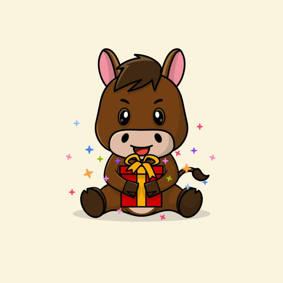 Vector cute baby horse cartoon happy holding gift flat icon illustration.