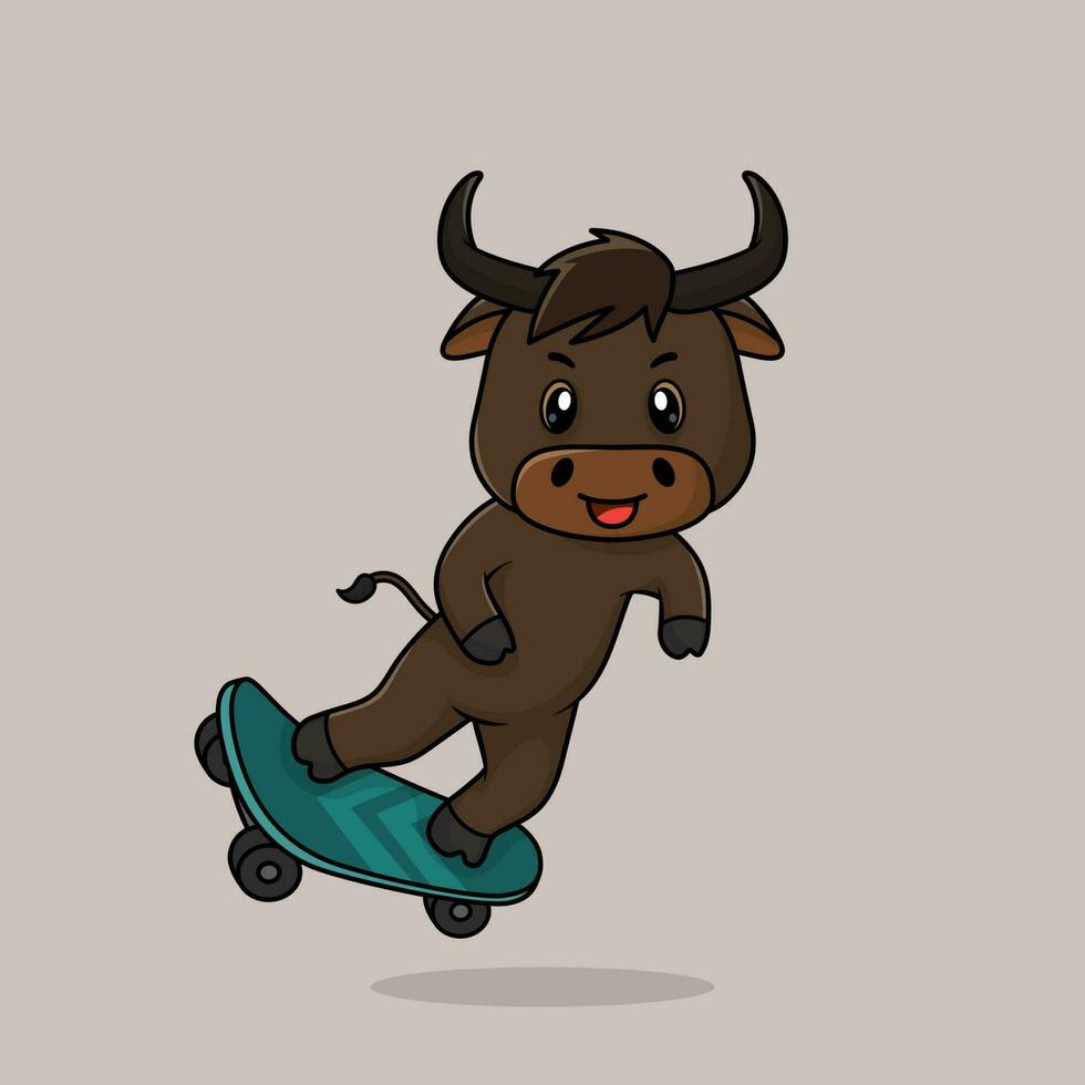 Vector cute baby bull cartoon playing skateboard icon flat illustration.