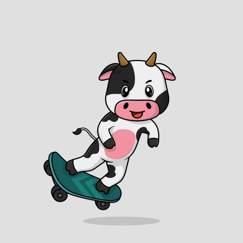 Vector cute baby cow cartoon playing skateboard icon flat illustration.