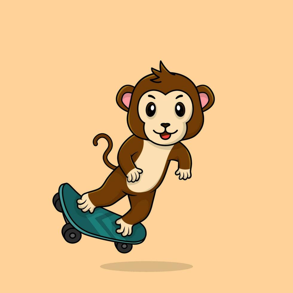 vector linda bebé mono dibujos animados jugando patineta icono plano ilustración.