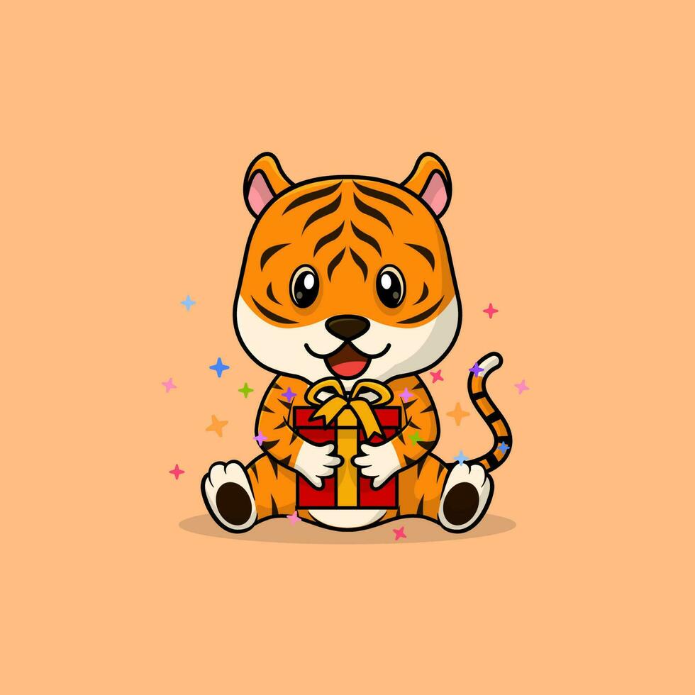 Vector cute baby tiger cartoon happy holding gift flat icon illustration.