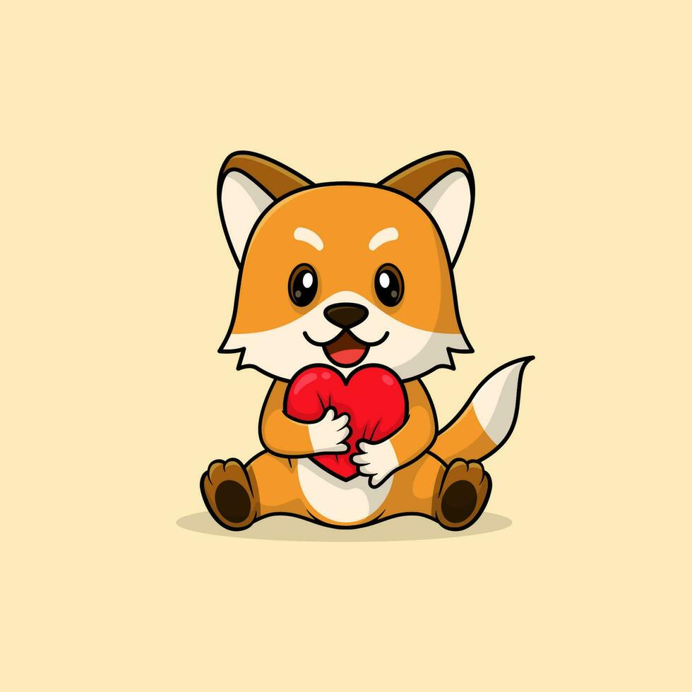 Vector cute baby fox cartoon holding love icon flat illustration.