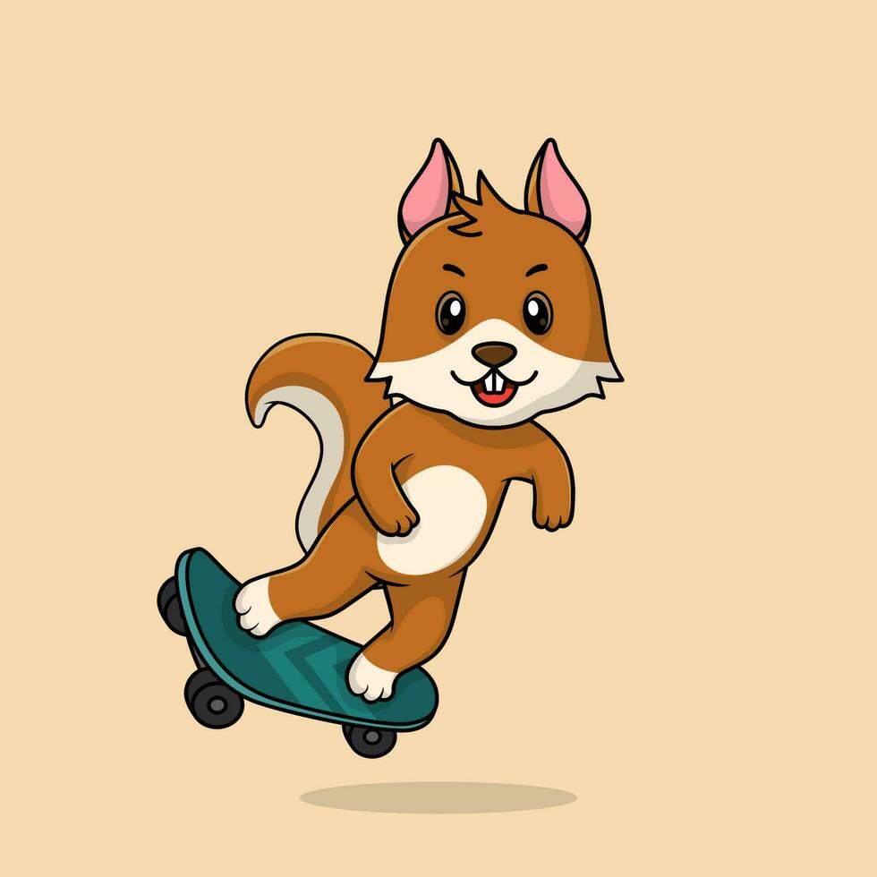 Vector cute baby squirrel cartoon playing skateboard icon flat illustration.